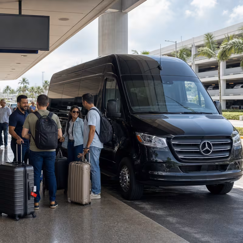 Group boarding a white charter bus for Airport Transportation transportation in Miami