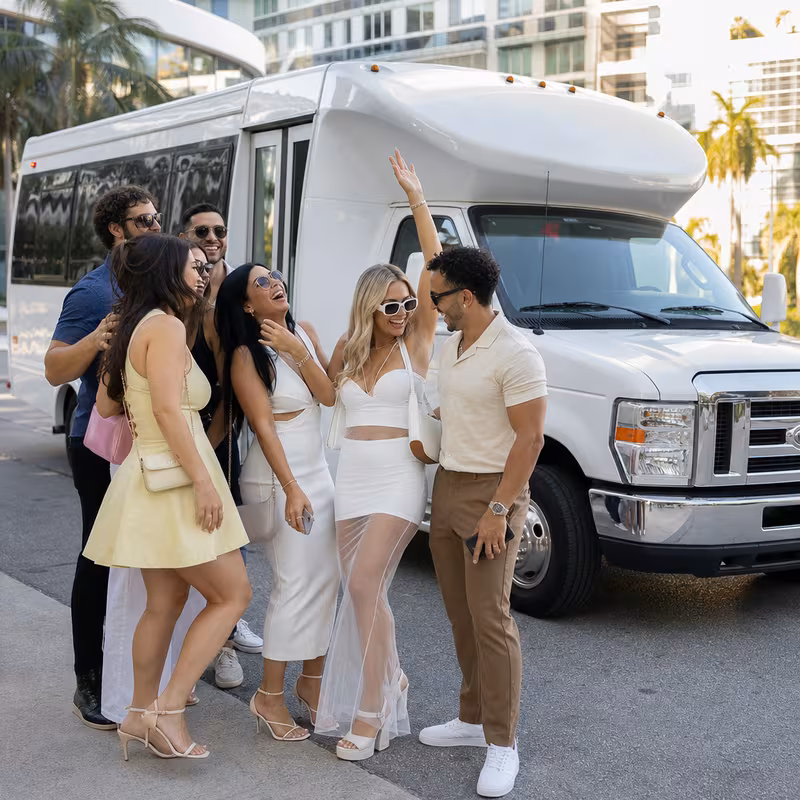 Black Mercedes Sprinter van staged for an Miami Bachelor & Bachelorette Transportation group