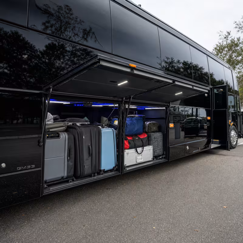 Party bus interior with wraparound leather seating and LED lighting in Miami